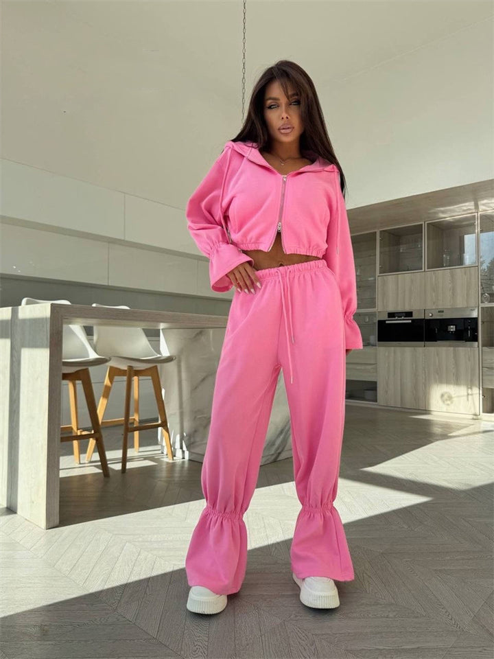 Women's Cropped Hoodie with Zipper and Tailored Drawstring Jogging Pants Mune Fashion
