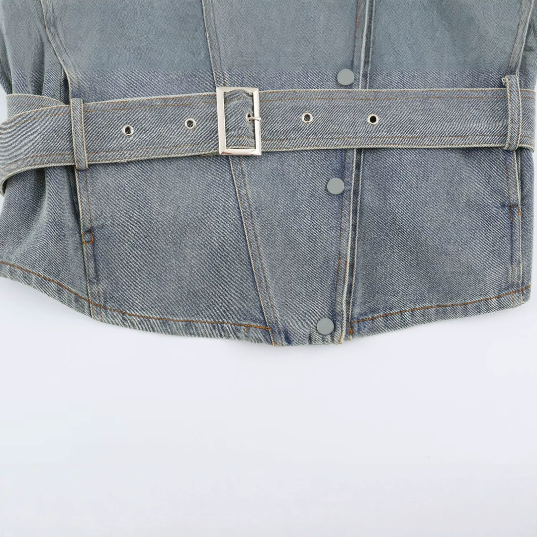 Women's denim jacket with belted waist and asymmetric snap button placket Mune Fashion