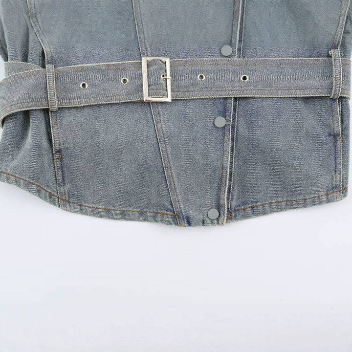 Women's denim jacket with belted waist and asymmetric snap button placket Mune Fashion