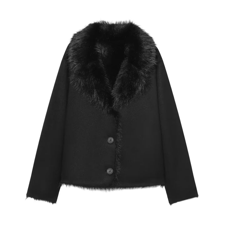 Women's Cropped Wool Blend Blouson with Voluminous Faux Fur Collar Mune Fashion