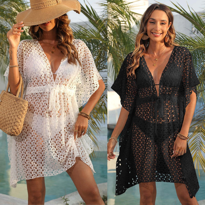 Women's crocheted beach cover-up with deep V-neck and airy texture Mune Fashion