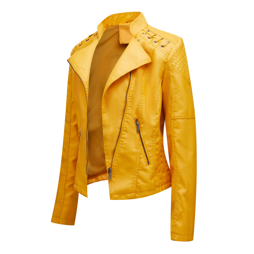 Ladies tailored faux leather biker jacket with quilted shoulder section, asymmetrical zipper and decorative eyelets Mune Fashion