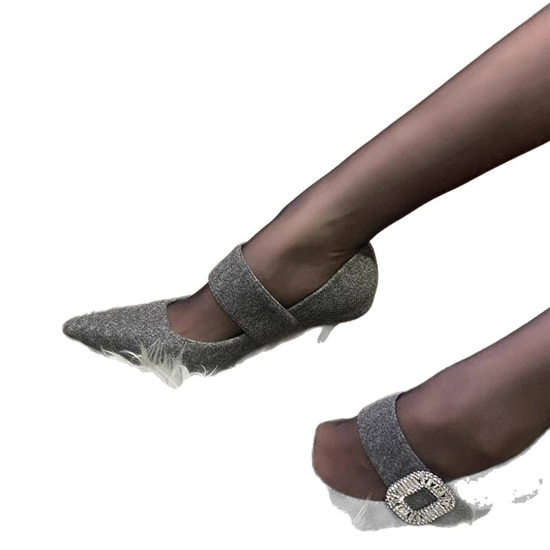 Women Elegant Pointed Mary Jane Pumps with Wool Felt Look, Slim Stiletto and Crystal Buckle Mune Fashion