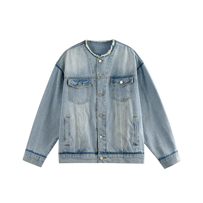 Men's Oversize Denim Jacket without Collar with Raw Neckline and Flap Pockets Mune Fashion