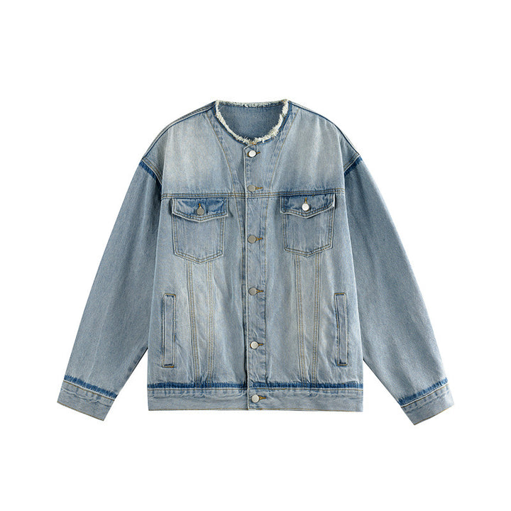 Men's Oversize Denim Jacket without Collar with Raw Neckline and Flap Pockets Mune Fashion