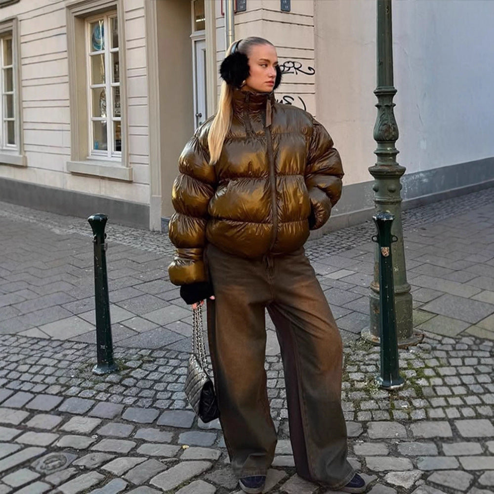 Women's Shiny Oversized Padded Jacket with Hood and High Stand-Up Collar Mune Fashion