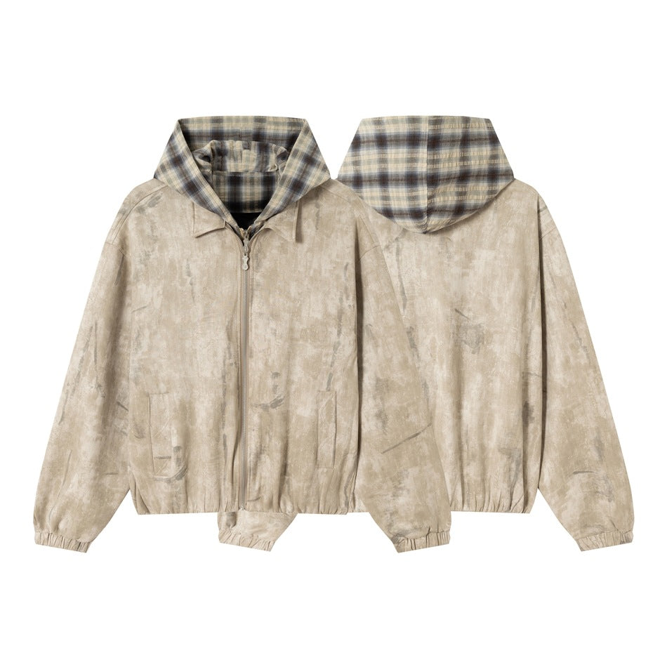Unisex Short Cut Boxy Jacket in Suede Look with Checked Lined Hood Mune Fashion