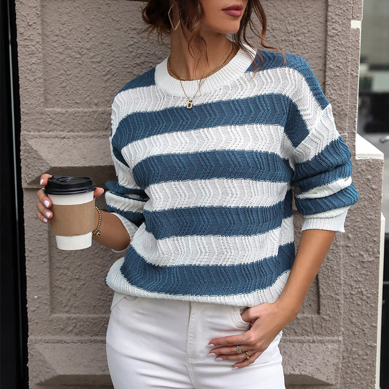 Women Casual Knit Sweater with Wave Pattern Mune Fashion