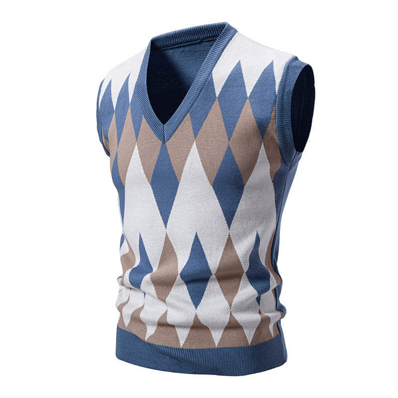 Men's sleeveless argyle knit vest with V-neck and fitted cut Mune Fashion