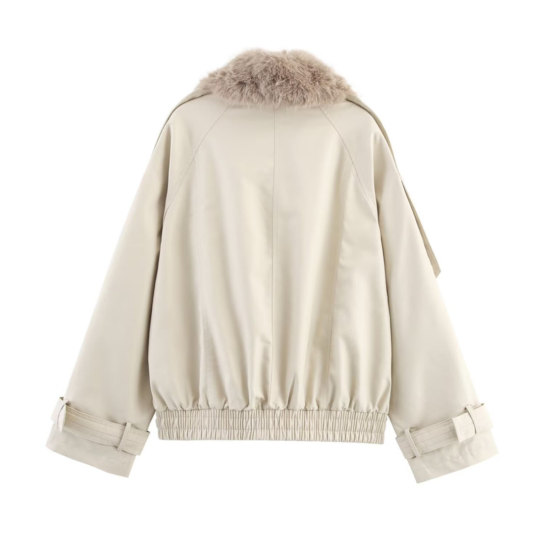 Women's short jacket in blouson trench style with detachable faux fur collar Mune Fashion
