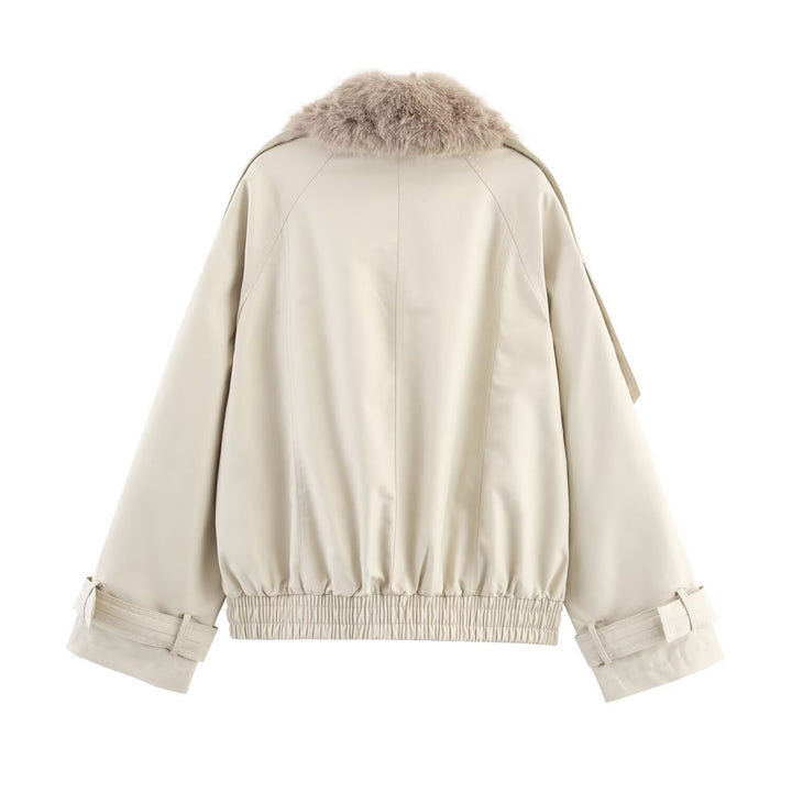 Women's short jacket in blouson trench style with detachable faux fur collar Mune Fashion