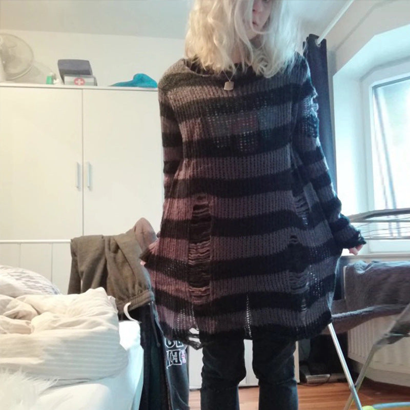 Women's oversized chunky knit sweater with wide block stripes and distressed design Mune Fashion