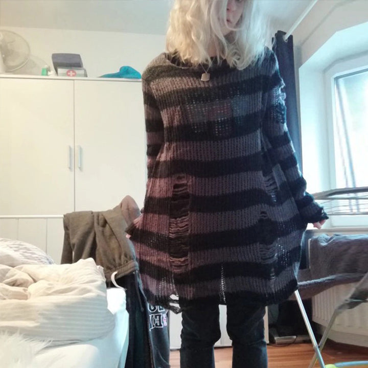 Women's oversized chunky knit sweater with wide block stripes and distressed design Mune Fashion