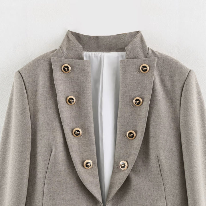 Ladies short blazer with decorative double-button placket and stand collar Drune
