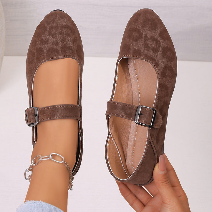 Women's elegant Mary Jane ballerina shoes with adjustable comfort strap, padded insole, and subtle animal print Mune Fashion