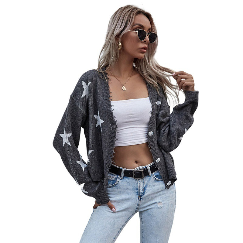 Women Casual Cardigan with Star Print and Button Details Mune Fashion