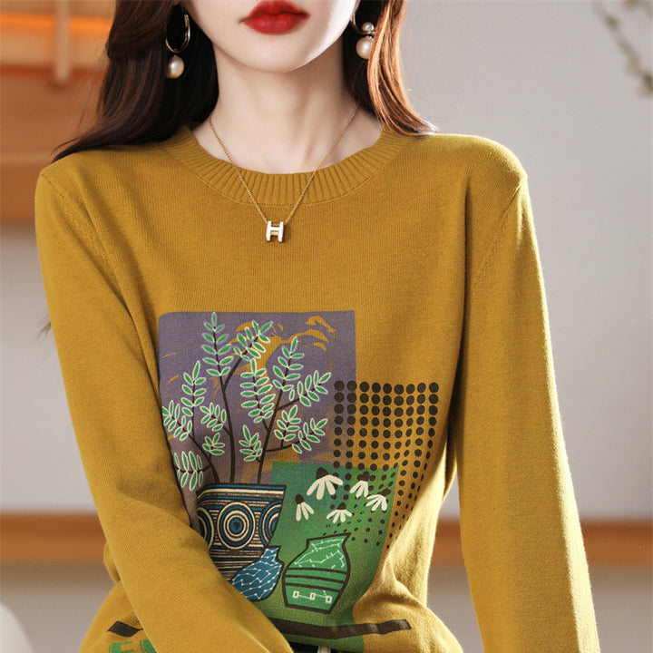 Women’s Lightweight Round Neck Sweater with Graphic Plant Print and Fine Knit Mune Fashion