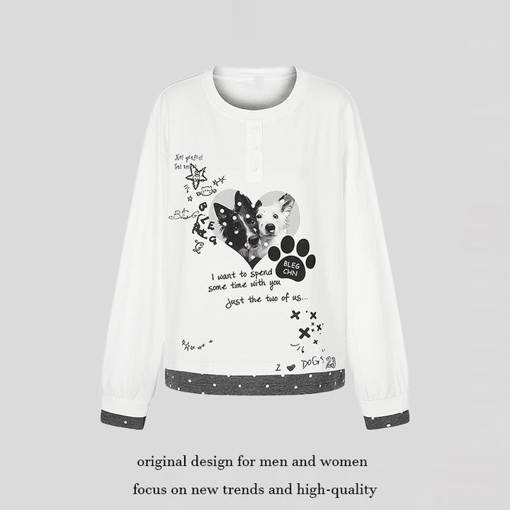 Women's loungewear long sleeve with puppy print, henley button placket and dotted hem