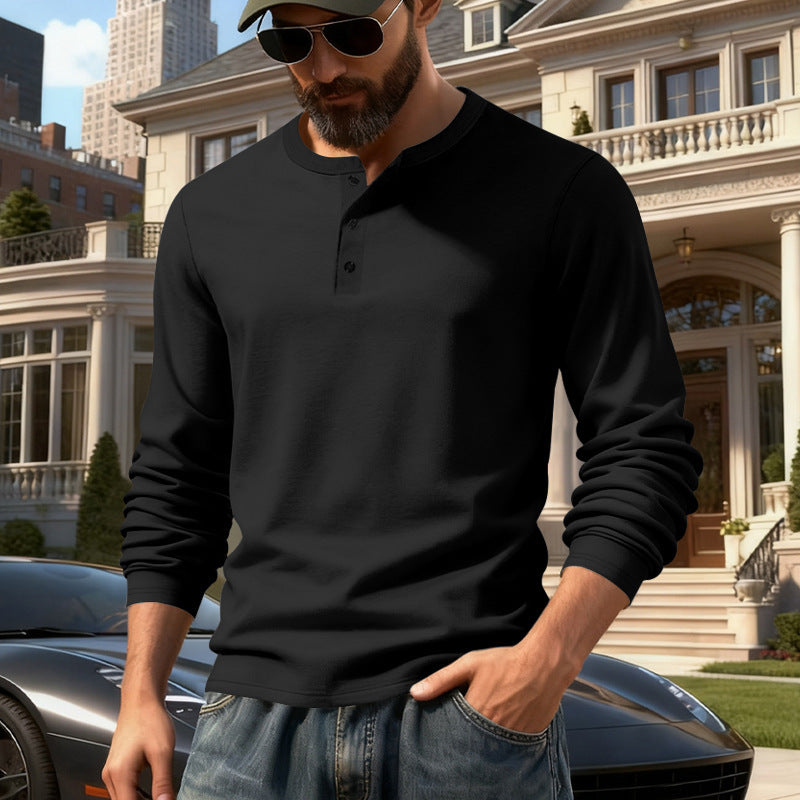 Men's fitted long sleeve Henley shirt with stand-up collar, fine cotton stretch and ribbed cuffs Mune Fashion