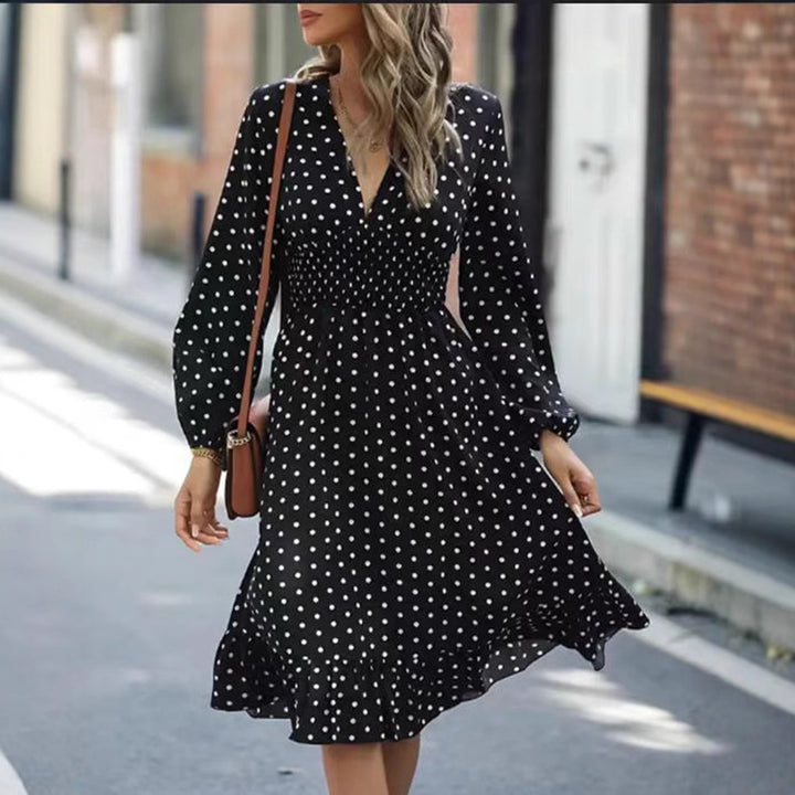 Ladies' dotted A-line midi dress with V-neck, smocked waist and two-tiered ruffle Mune Fashion
