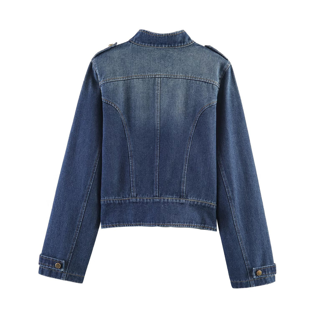 Ladies' denim jacket with stand-up collar, double row snap buttons, and epaulets Mune Fashion