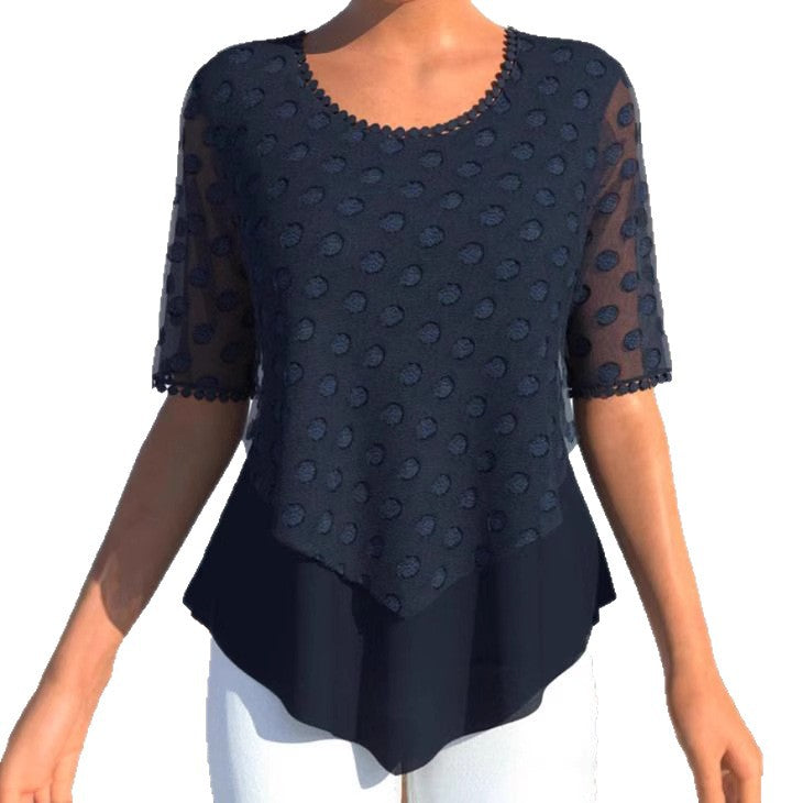 Women's elegant layered blouse with transparent tulle overlay, polka dot structure and asymmetrical pointed hem Mune Fashion