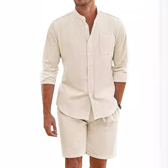 Men's linen-look two-piece set with stand-up collar shirt, chest pocket, and casual shorts Mune Fashion
