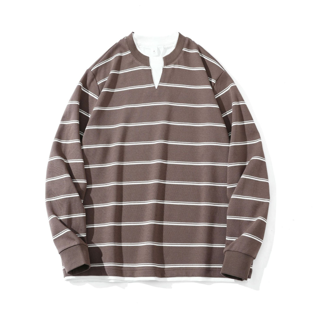Unisex Striped Long Sleeve Sweatshirt with V-Notch and Waffle Texture Mune Fashion