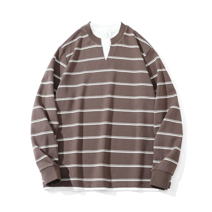 Unisex Striped Long Sleeve Sweatshirt with V-Notch and Waffle Texture Mune Fashion