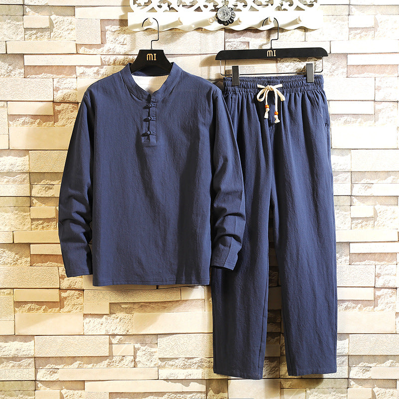 Men's relaxed cotton-linen two-piece with stand-up collar and drawstring Mune Fashion