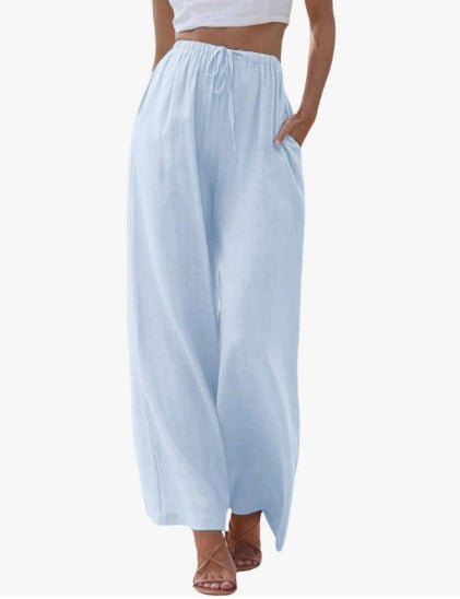 Women's wide linen pants with elastic waistband, drawstring, and side pockets Mune Fashion