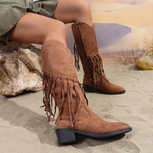 Ladies fringed cowboy boots made of suede with pointed toe and side zipper Mune Fashion