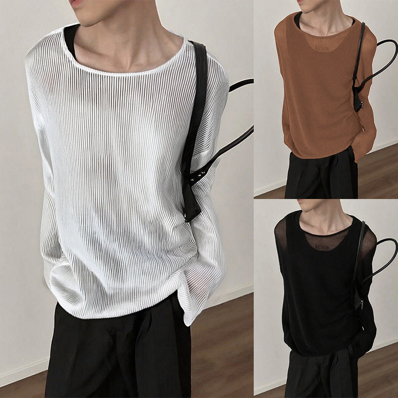 Ladies fall loose long sleeve fine knit shirt with fine ribbed pattern and round neck Mune Fashion