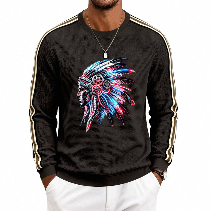 Men's sweatshirt with feather headpiece print, waffle structure and contrasting shoulder stripes Mune Fashion