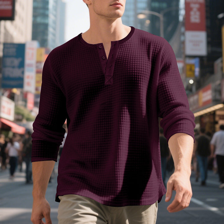 Men's Waffle Structure Henley Long Sleeve Shirt with Crew Neck, Multiple Button Placket and Relaxed Fit Mune Fashion