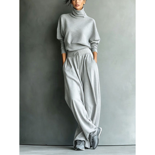 Women's Turtleneck Loungewear Set with Oversize Top and Wide Elastic Waist Pants Mune Fashion