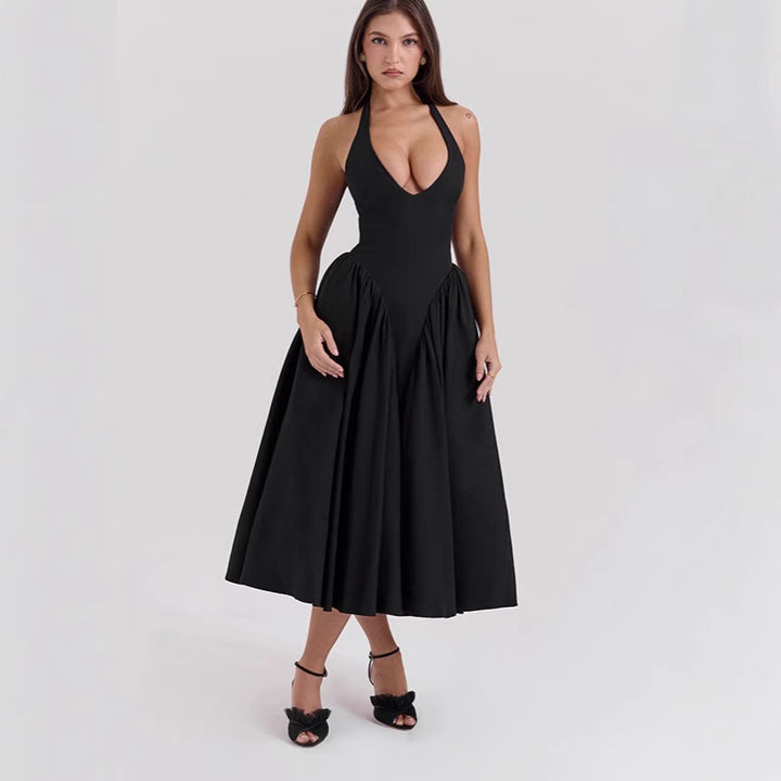 Women's figure-flattering halter bustier midi dress with tailored bodice and wide circle skirt Mune Fashion