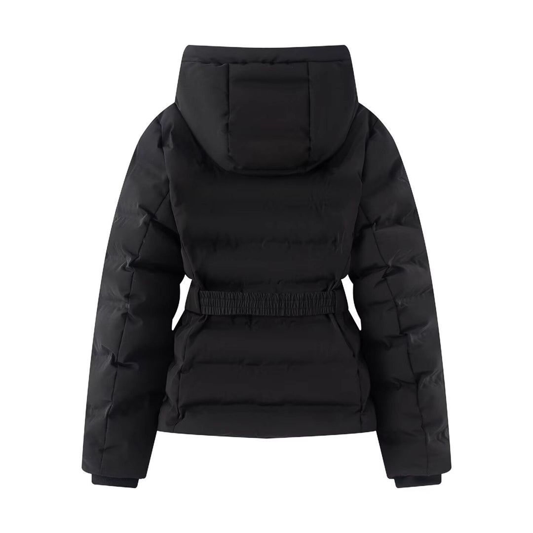 Women's Shiny Down-Look Quilted Jacket with Hood and Tailored Drawstring Belt Mune Fashion