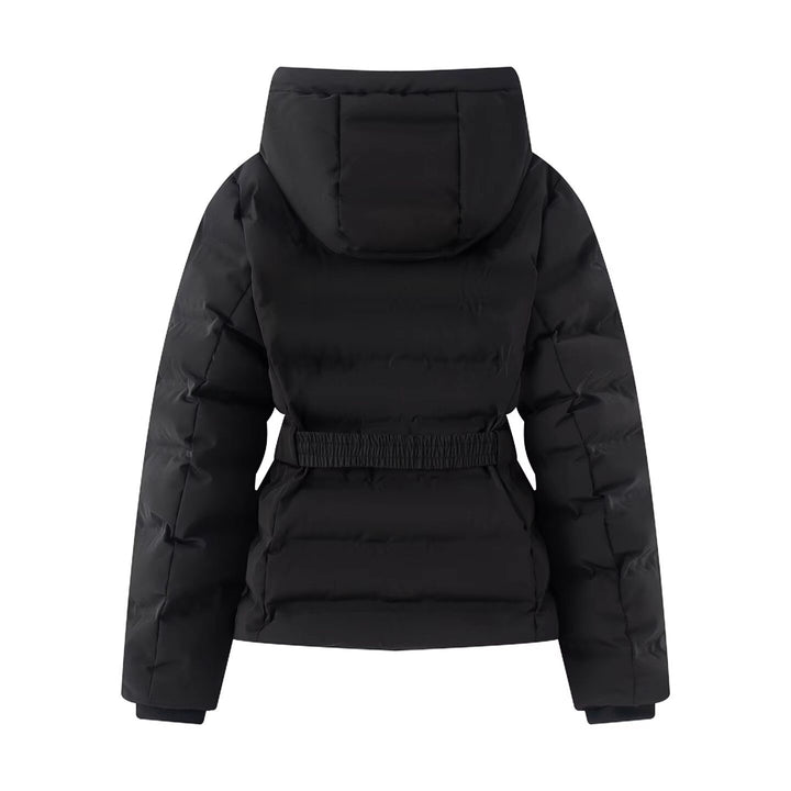 Women's Shiny Down-Look Quilted Jacket with Hood and Tailored Drawstring Belt Mune Fashion
