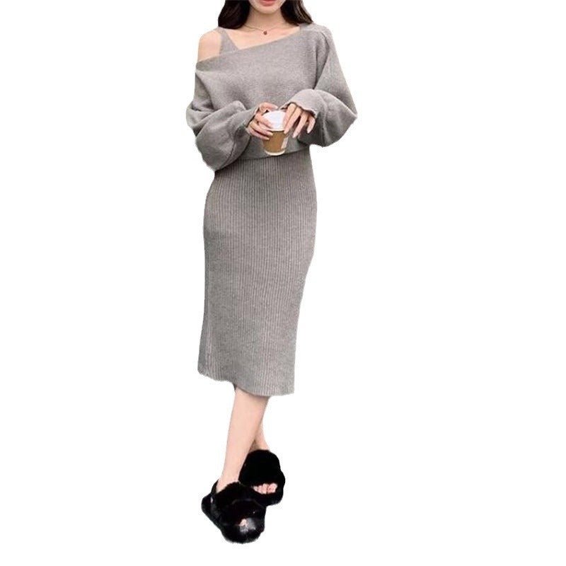 Women's Elegant Knit Dress with V-Neck and Matching Cardigan Mune Fashion