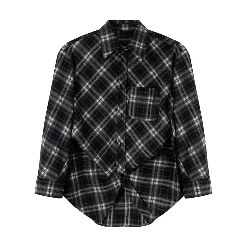 Women Oversize Flannel Shirt with Asymmetrical Hem Mune Fashion