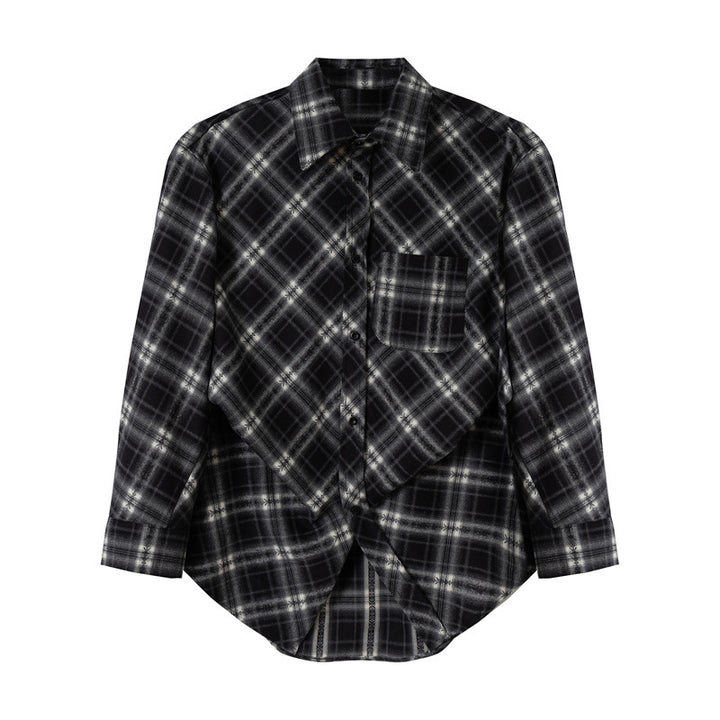 Women Oversize Flannel Shirt with Asymmetrical Hem Mune Fashion