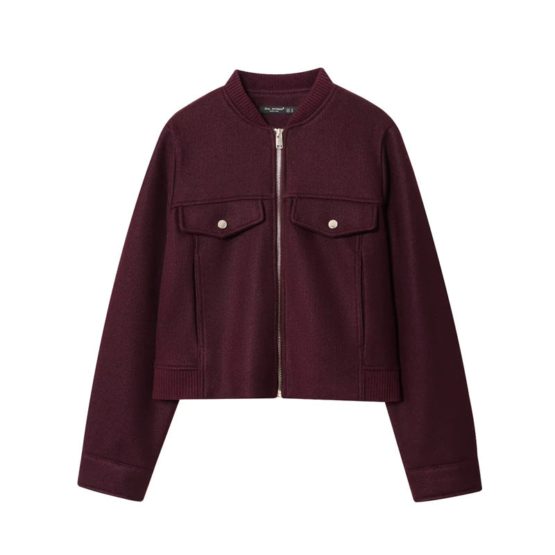 Ladies short wool blend bomber jacket with full zip, chest patch pockets and ribbed hem Mune Fashion