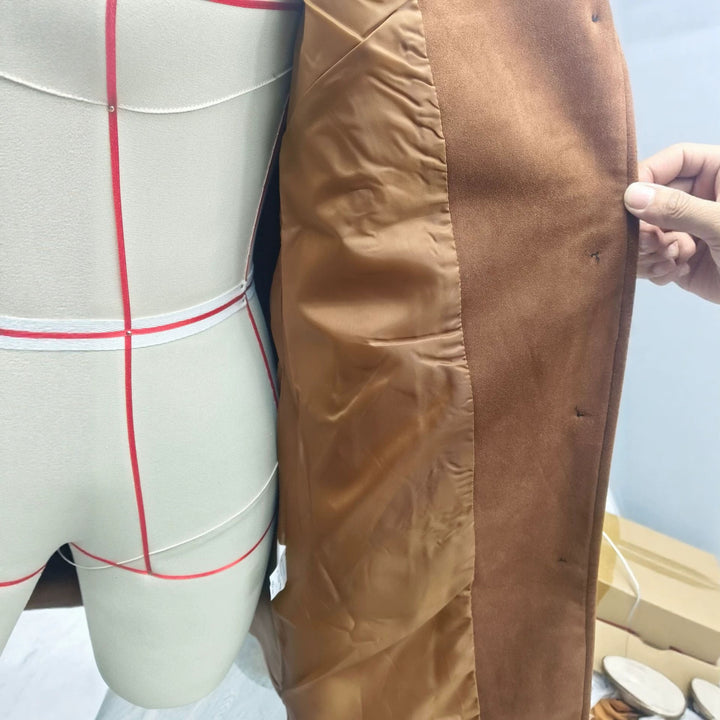 Ladies nan longer velour imitation coat with classic lapels, distinctive button placket and angled pockets Mune Fashion
