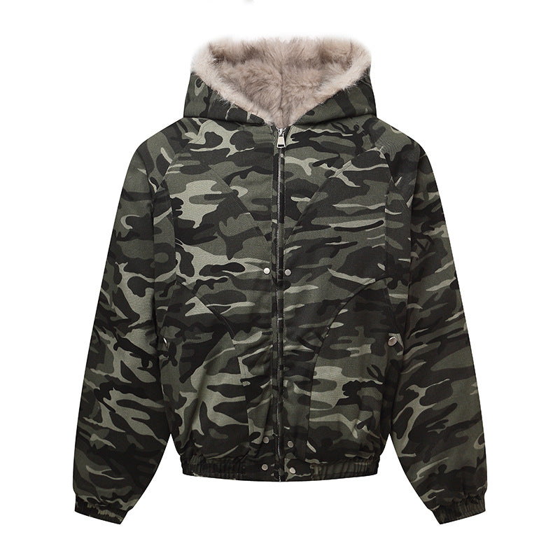 Unisex Padded Hooded Jacket in Camouflage Pattern with Teddy Lining and Elastic Hem Mune Fashion