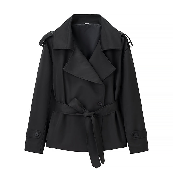 Women's short trench coat jacket with waist belt, wide lapels, and decorative shoulder epaulettes Mune Fashion