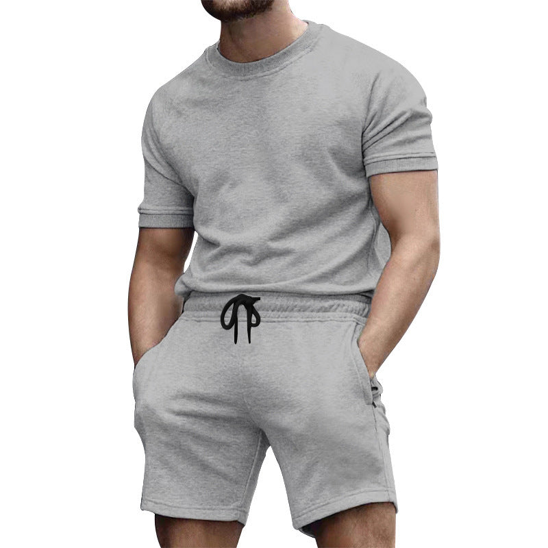 Men's short-sleeve sweat set made of soft sweatshirt fabric with a round neck shirt and drawstring shorts Mune Fashion