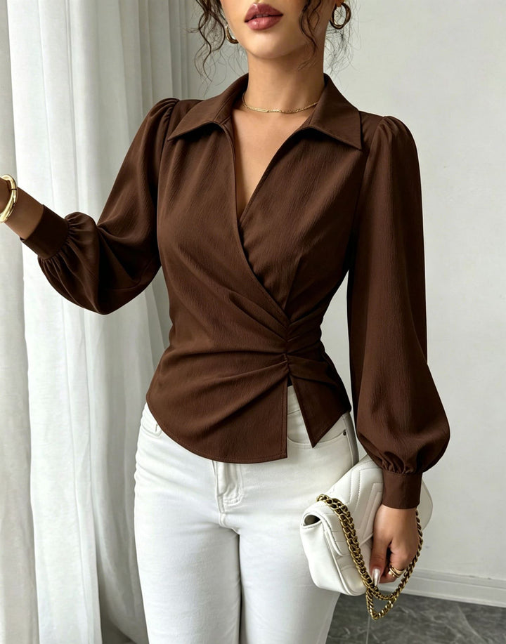 Women’s wrap blouse with waist gathering, shirt collar, and balloon sleeves Mune Fashion