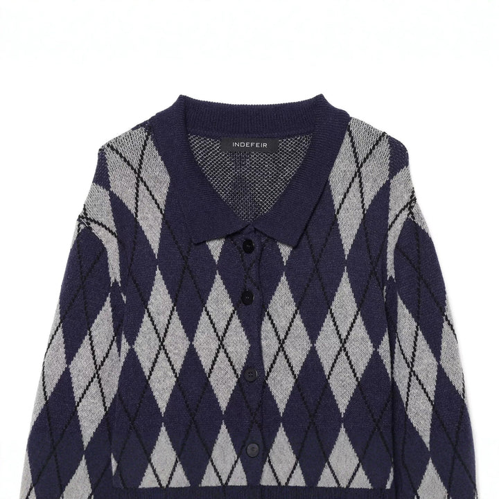 Women's argyle knit cardigan with shirt collar and full button placket Mune Fashion