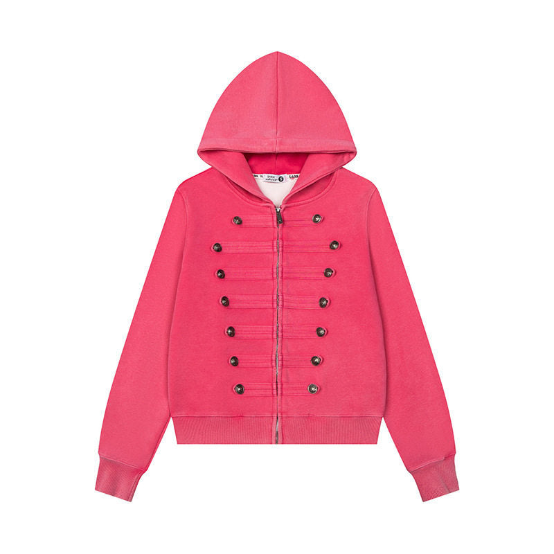 Women’s Hooded Sweat Jacket with Military Button Decoration and Full-Length Zipper Mune Fashion